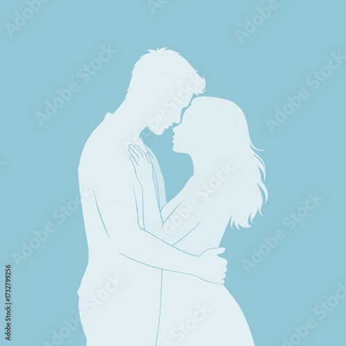Vector silhouette of a young couple in a tender embrace, their foreheads touching in an intimate moment of love and connection on a soft blue background
