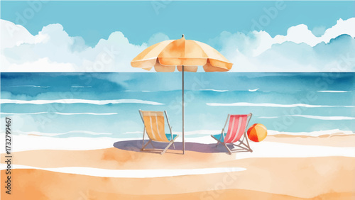 Beach with umbrellas and chairs by the sea