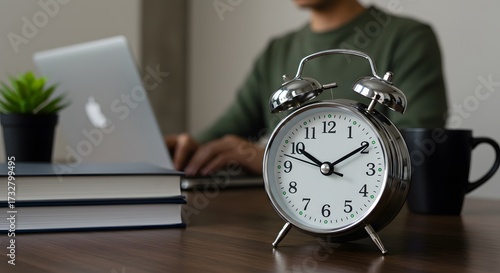 Selective focus on an alarm clock on a wooden desk, symbolizing the crucial concept of effective time management while a person works diligently on a laptop