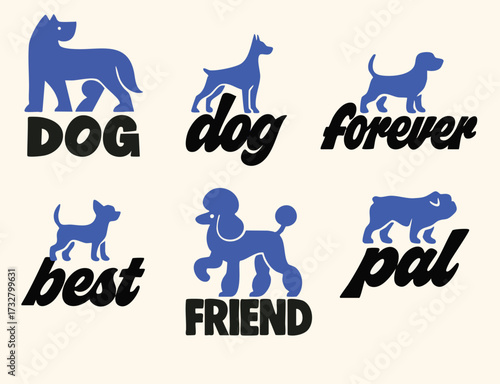 Set of modern dog logo designs with bold typography. Featuring playful puppy silhouettes and words like “best friend,” “forever,” and “pal.” Perfect for pet brands, adoption, or dog care