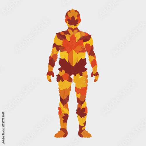 Conceptual illustration of a human figure composed of vibrant autumn leaves, symbolizing the harmony between humanity and nature