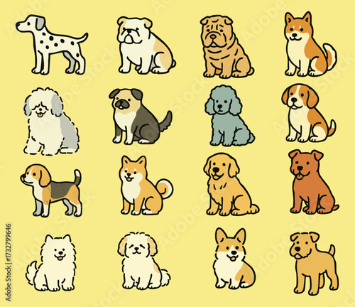 Cute cartoon dog collection featuring various breeds like pug, bulldog, corgi, dalmatian, and shiba inu. Adorable puppy illustrations perfect for stickers, branding, or pet designs