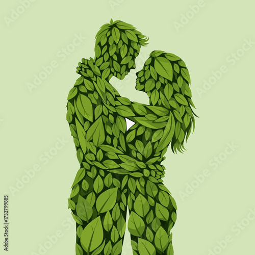 Romantic couple made of green leaves embracing, symbolizing the concept of natural love, environmental harmony, and a deep connection to the earth