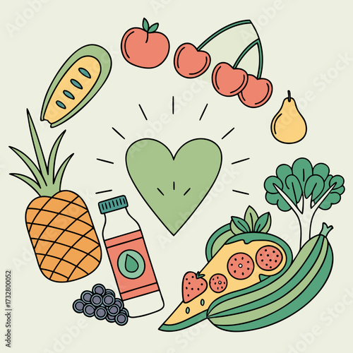 Gradient vector illustration of fresh fruits, vegetables, smoothie bottles, and supplements arranged around a glowing heart symbol, representing balanced nutrition and wellness.