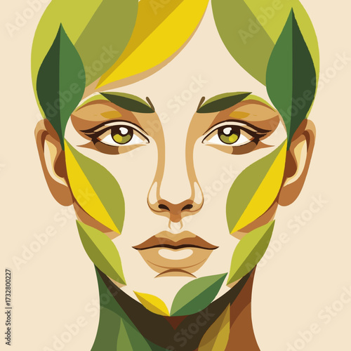 Stylized artistic portrait of a beautiful woman's face fused with green leaves, a metaphor for Mother Nature and ecological harmony