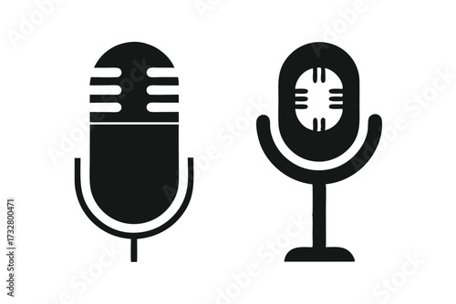 Two black microphone icons stand in contrast against the white background, creating a simple scene