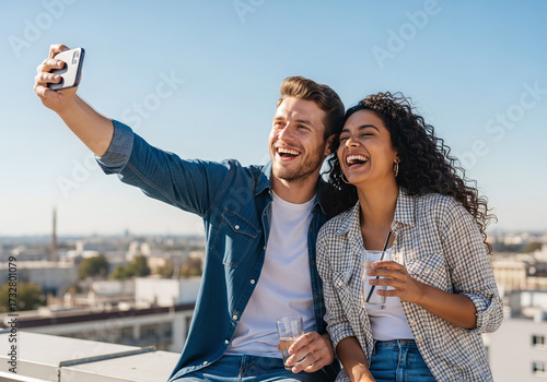 Joyful young couple shares a happy selfie moment on a rooftop with city views, capturing pure bliss and connection.