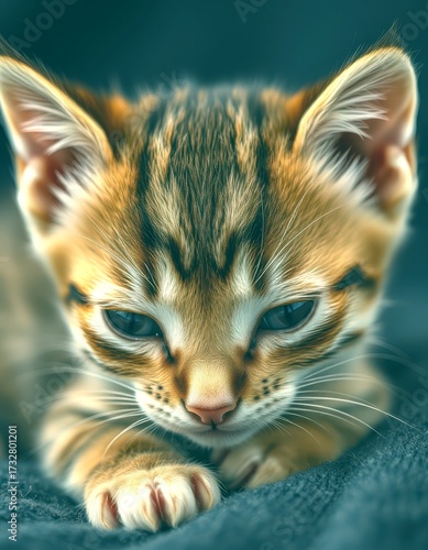 Cute striped kitten relaxing on a surface during the afternoon