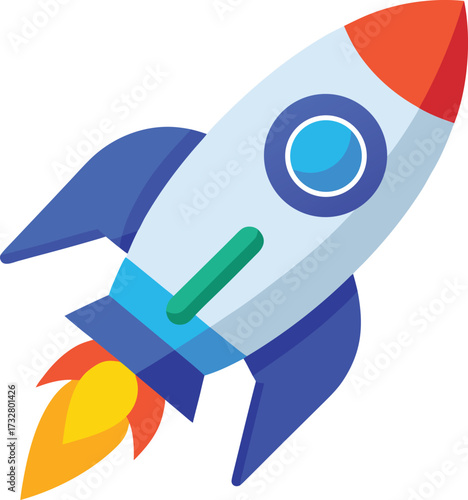 Stylized rocket ship with blue fins and flames spaceship