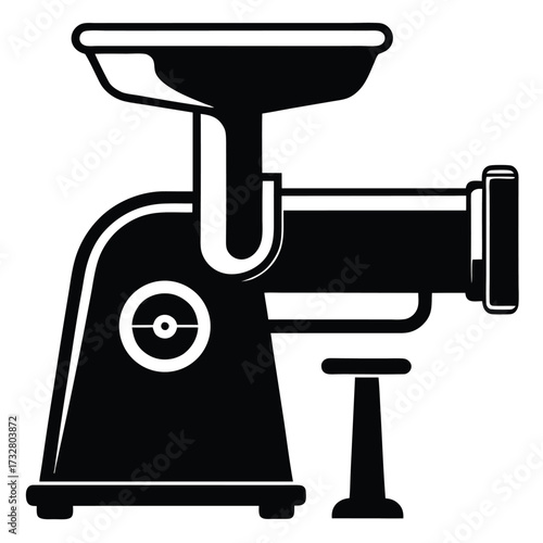Black and white illustration shows the silhouette of a meat grinder with a plunger
