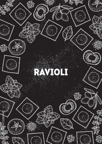 Traditional Italian pasta sketch. Ravioli frame. Italian food. Staple food. Hand drawn illustration. Background for packaging, menu. Top view. Not AI