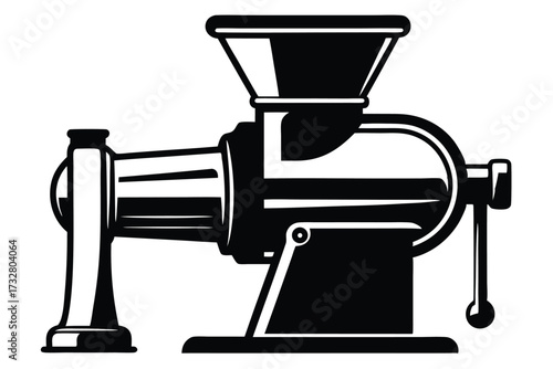 illustration of a cast iron meat grinder with crank handle in black silhouette