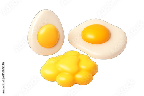 Various Egg Dishes 3D Icon Showing Boiled Fried and Scrambled Eggs with Perfectly Cooked Yolks Transparent Background
