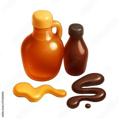 Syrups and Sauces Icon with Bottles and Drizzles Including Maple Syrup Caramel and Chocolate with Fluidity on Transparent Background 3D Style