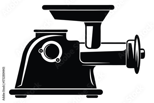 Detailed black silhouette highlights a classic manual meat grinder for culinary uses