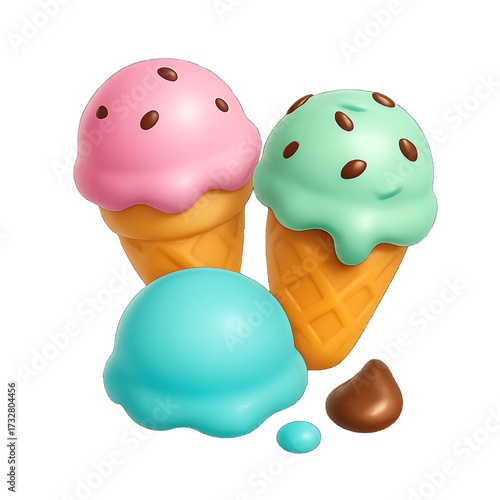 Gourmet Ice Cream 3D Icon Showing Unique Flavors in Scoops and Cones with Creamy Texture and Artisanal Quality Transparent Background