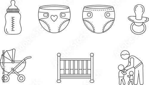Baby care and parenting icon set with milk bottle, diapers, pacifier, stroller, crib, and parent teaching kids to walk.