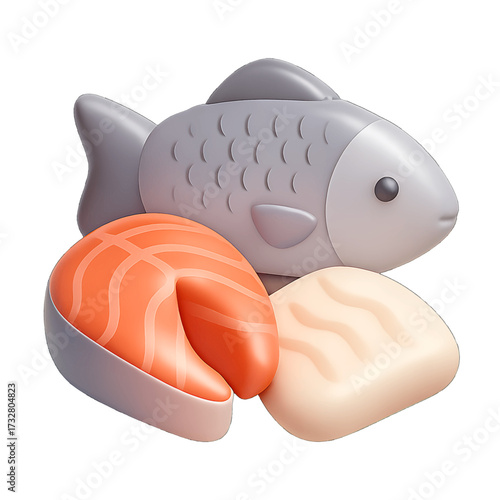 Fresh Seafood 3D Icon Showing Salmon Tilapia and Cod in Fillet and Whole Forms with Detailed Skin and Scales Transparent Background
