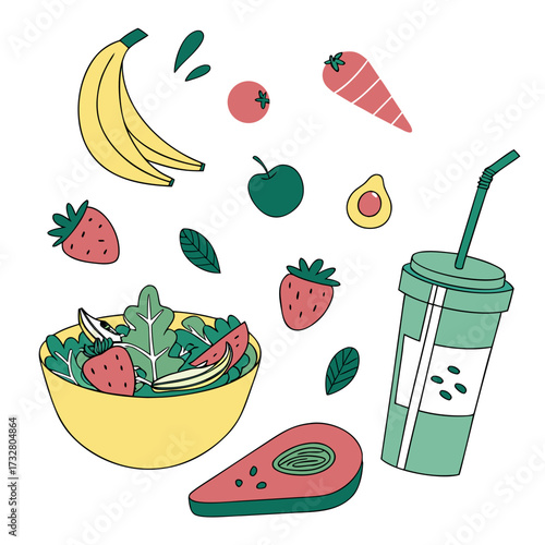 Flat style healthy food bundle – fruits, vegetables, smoothie cup, salad bowl, protein shaker