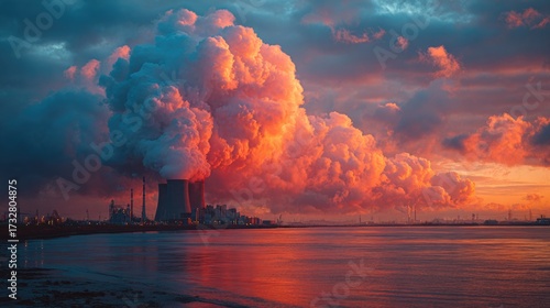 Fototapeta Naklejka Na Ścianę i Meble -  Power plant at sunset with dramatic smoke clouds