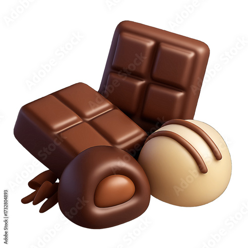 Chocolates Icon with Chocolate Bars Bonbons and Shavings Showing Different Types with Shine and Texture on Transparent Background 3D Style