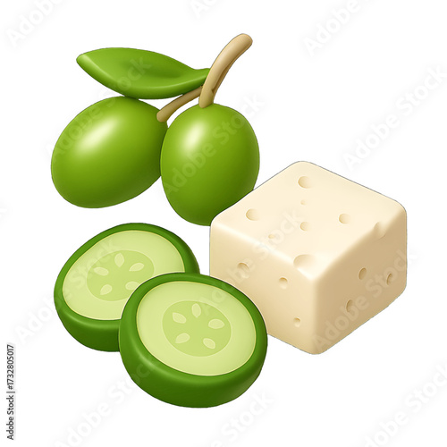 Mediterranean Ingredients 3D Icon Showing Olives Feta Cheese and Cucumber with Fresh Look and Authentic Greek Style Transparent Background