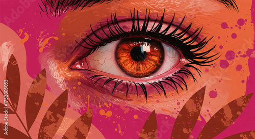Close up of a woman's eye with artistic floral elements in a vibrant color scheme