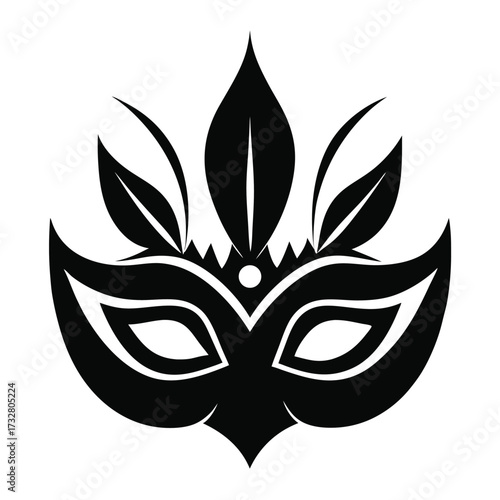 Stylized dark masquerade mask features elegant feather detail against a clean white background