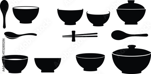 CAD drawing flat vector illustration of Asian kitchen utensils, bowls, chopsticks, spoons, silhouette icons, perfect for restaurant design, menu art, culinary graphics.