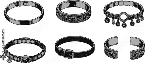 Bracelet collection, jewelry accessories, fashion wristbands, beaded charms, metallic cuff, ornate bangle, stylish armwear, trendy designs, cad drawing flat vector illustration