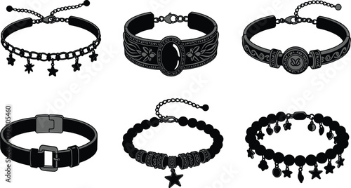 Choker necklace silhouettes collection, fashion jewelry vector set, vintage gothic chokers, beaded star charm necklaces, ornate gemstone designs, black flat illustration style