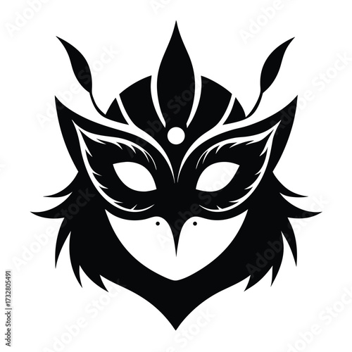 Striking black mask features pointed feather details, creating a unique, stylized silhouette