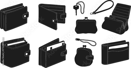 Wallet silhouettes, keychain vector icons, leather accessories, coin purse, cardholder, bifold wallet, clasp closure, flat design, cad drawing flat vector illustration