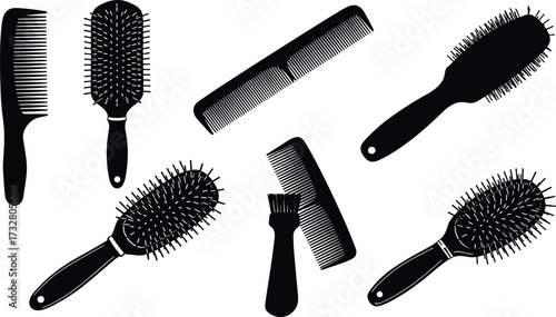 Hair grooming tools collection, combs and brushes for styling, professional salon accessories, beauty equipment, personal care items, flat vector illustration, CAD drawing style design