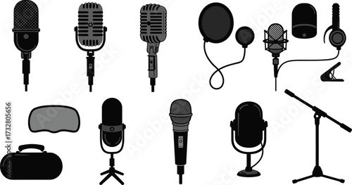 Professional audio recording equipment, vintage and modern microphones, podcast tools, broadcasting accessories, sound production gear, flat vector illustration, CAD drawing style design