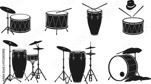 Percussion instruments, drum set, conga, snare drum, bass drum, cymbals, hi-hat, vector illustration, flat design, musical instruments, cad drawing style