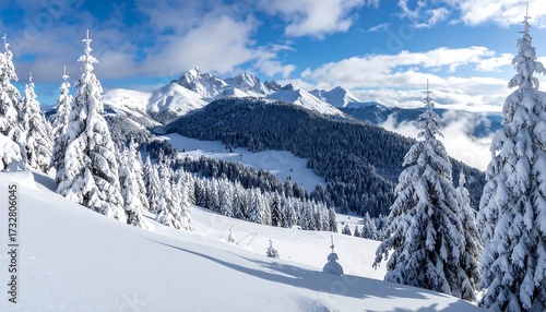 Wallpaper Mural A scenic landscape showcases a snowy mountain range under a blue sky, dotted with snow-laden evergreens Torontodigital.ca