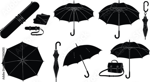 Umbrella silhouettes, folded and open umbrellas, rain protection accessories, fashion items, CAD drawing, flat vector icons, minimal design, isolated black shapes, modern illustration