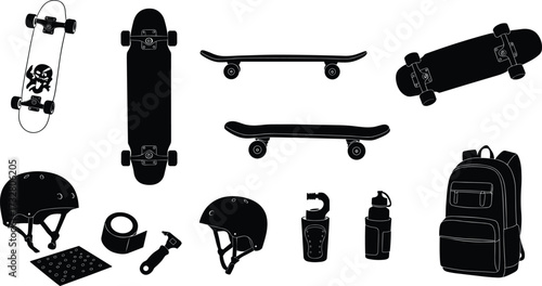 Skateboard equipment set, helmets, grip tape, skate tool, water bottles, backpack, extreme sport accessories, silhouette vector icons, flat design, cad drawing flat vector illustration