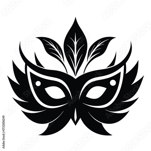 Elegant stylized venetian mask with leaves and feather in bold black and white