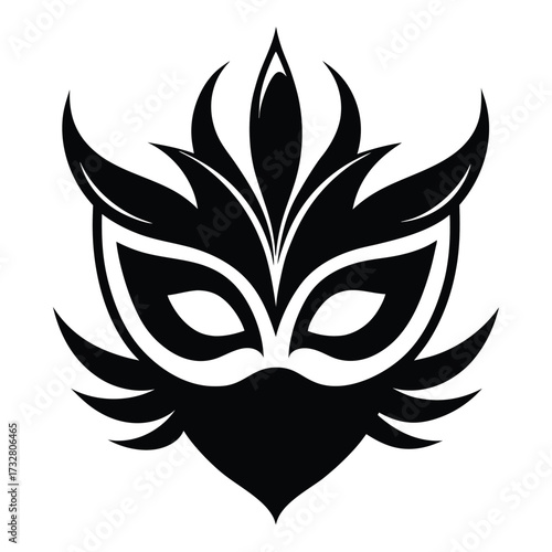 Elegant black mask sports a feathered crest and sharp wing like side accents