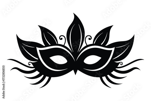 Floral masquerade mask displays ornate symmetrical features on a white background, adding intrigue