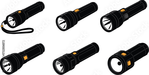 Collection of flashlight silhouettes with different designs, portable lighting equipment, handheld torch variations, outdoor gear illustration, cad drawing flat vector illustration