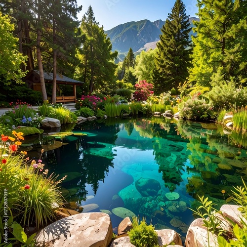 Serene mountain garden pool