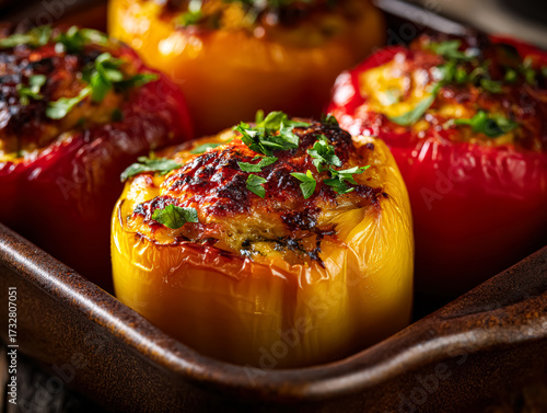 Vibrant stuffed bell peppers topped with herbs, arranged in a rustic dish, showcasing culinary artistry and delicious presentation
