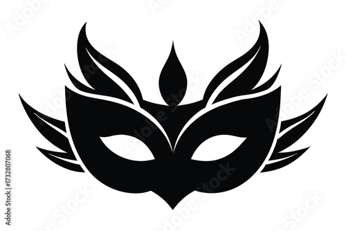 Stylish black mask is decorated with feather accents, providing an aura of mystery