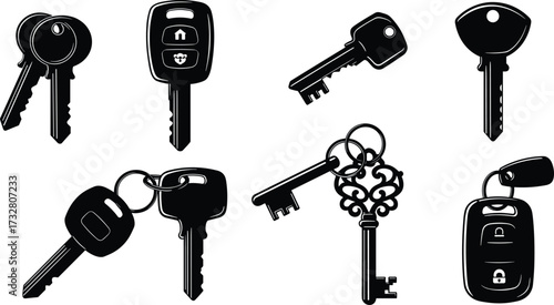 Set of different keys and keychains, including house keys, car remotes, vintage keys, modern keys in black silhouette, vector illustration