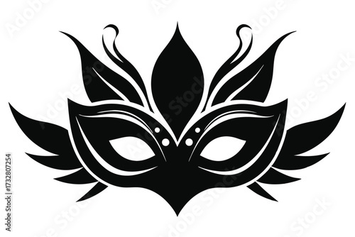 Black feathered mask features swirling elements and sharp angles creating a bold, striking statement