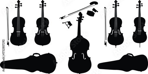 Violin, viola, double bass, bows, instrument cases, rosin, shoulder rests, classical orchestra string instruments, black silhouette, CAD drawing flat vector illustration