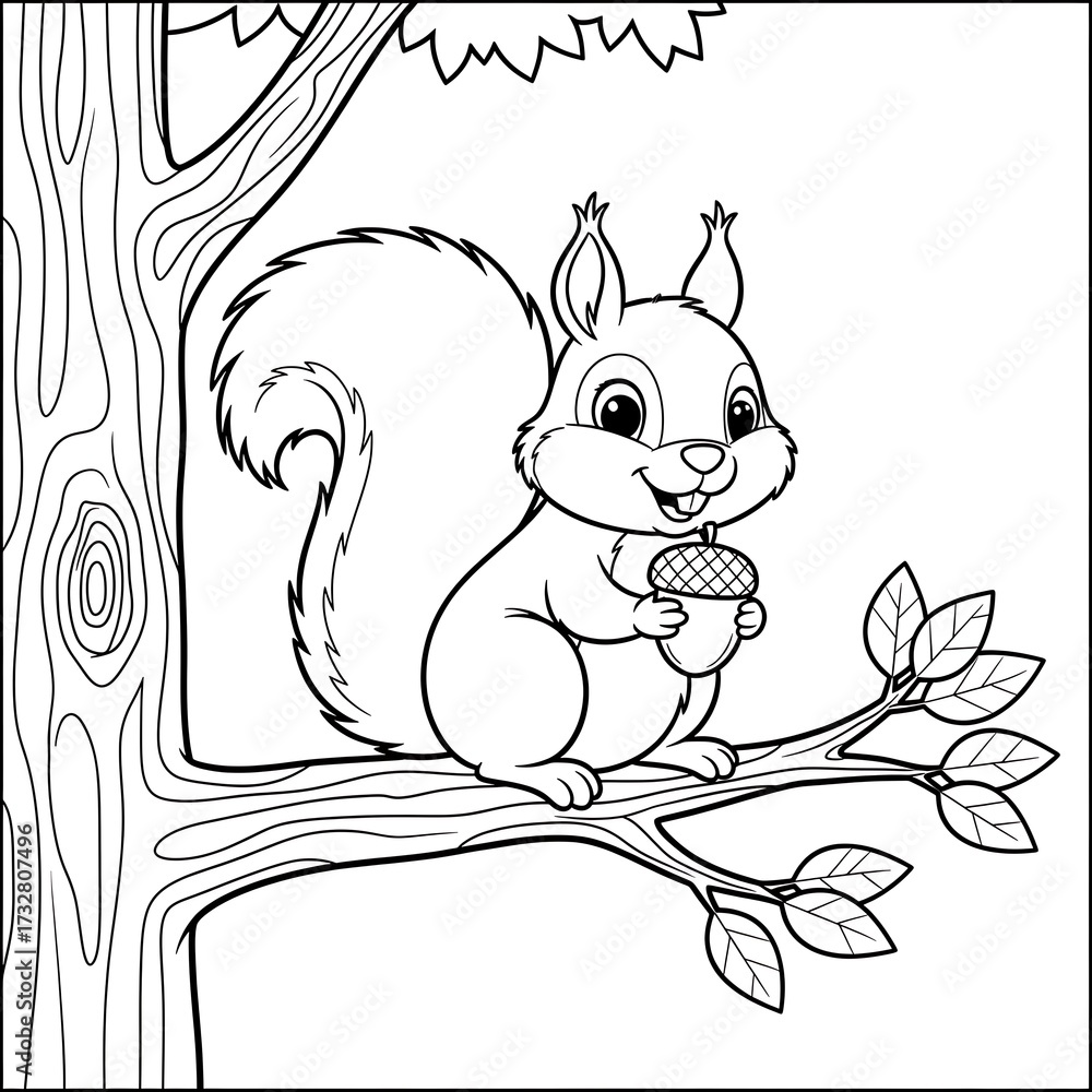 Obraz premium Cute Squirrel Eating Acorn on Branch.